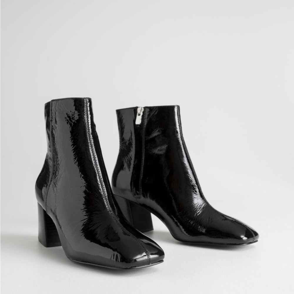 & Other Stories Patent Square Toe Shiny Black Side Zip Heeled Boots Size 39